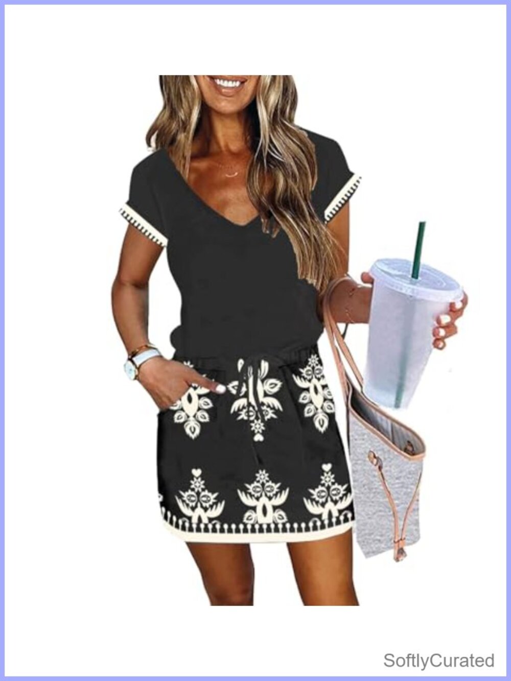 Womens Summer Dress V Neck Tie Front Drawstring Lantern Sleeve Mini